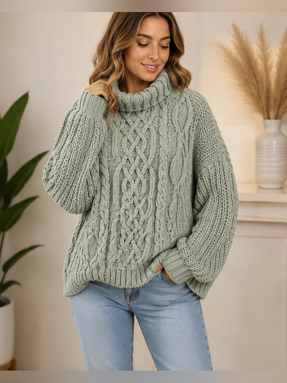 Love Tree XL Sage Green Chunky Cable Knit Turtleneck Sweater Cozy Oversized